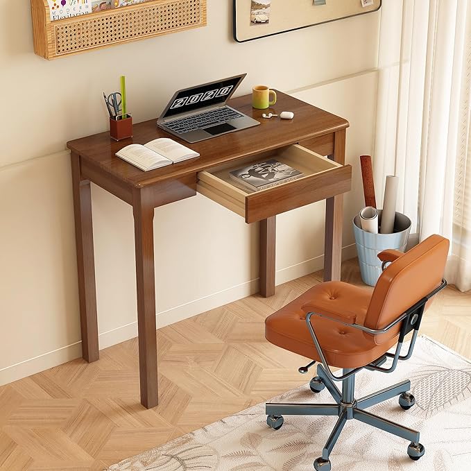 100% Solid Wood Desk with Drawers 32 x 16 Inch Mid Century Modern Narrow Desk Vintage Small Writing Wooden Desks for Small Spaces Bedroom, Living Room, Office