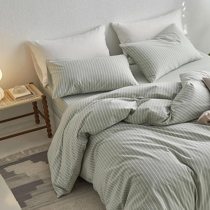 MooMee Striped Duvet Cover Set 100% Washed Cotton Linen Like Textured Breathable Durable Soft Comfy (Sage Green White Wide Stripes, Twin 68"x90")