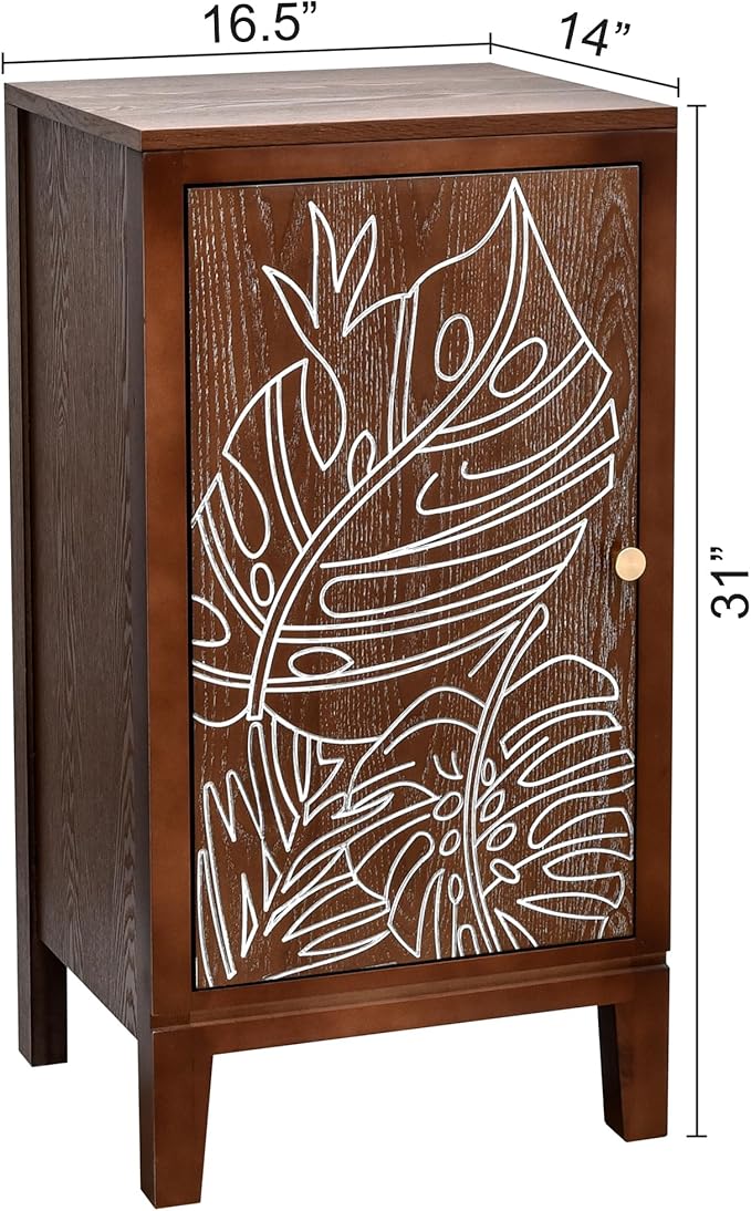 eHemco Tropical Monstera Door Accent End Table, Modern Retro Style, 16.5 x 14 x 31 Inches, Antique Walnut Finish