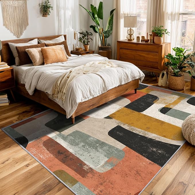 Mid Century Modern Rugs for Bedroom Decor, 4x5 ft, Abstract Geometric Area Rugs for Living Room, Soft Non Slip Washable Geo MCM Carpet Home Decorations Dt-Ghf-28