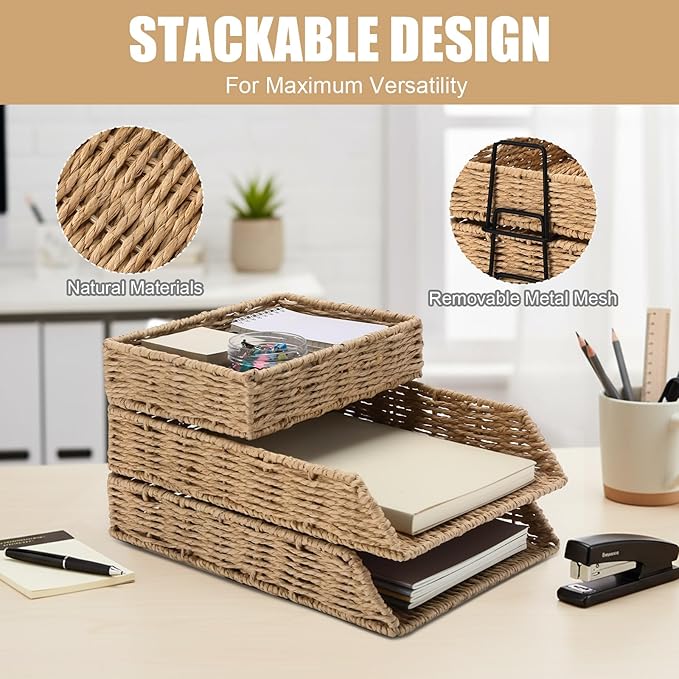 Geelin 3 Pack Paper Rope Woven Stackable Desk Organizer Letter Tray, Primary Color Tabletop Desk Basket for Storage Paper Letter Folders Notebooks Copy Print, Workspace Holder