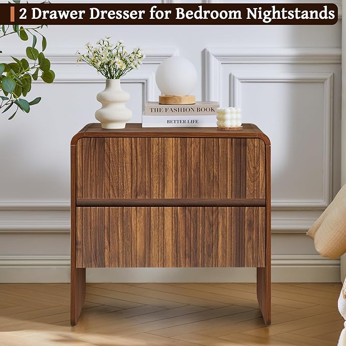 Flute 2 Drawer Dresser,Mid Century Modern Small Nightstand with 2 Drawer for Bedroom, Wood Side Table with Curved Profile for Living Room,Hallway,Enterrway