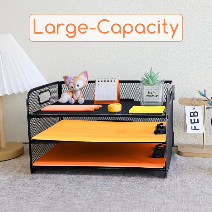 3 Tier Letter Tray Paper Organizer with Handle Desk Paper Organizer Tray, Desktop File Folder sorter Holder for Home Office School