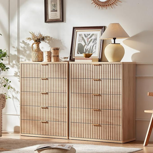 LEYAOYAO Fluted 5 Drawers Dresser Set of 2, 41" Tall Modern Chest of Drawers with Metal Handle, Curved Profile Dresser TV Stand, Wooden Drawer Organizer for Bedroom, Living Room, Hallway, Natural