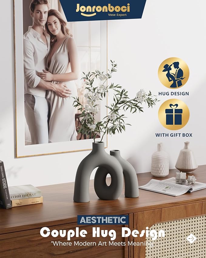 Hug Donut Decorative Vase Set - Dark Gray Modern Minimalism Industrial Style Vases Home Decor, Matte Ceramic Decorations for Living Room Shelf, Bookshelf Mantle Entryway Table or Console Décor(Gray)