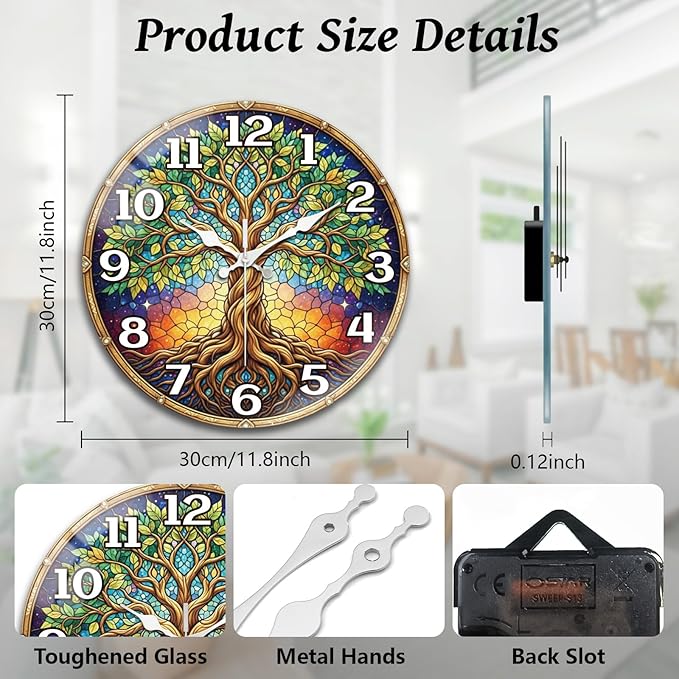 peacoblue Wall Clocks Battery Operated 12 Inch Tree Glass Round Wall Clock Non Ticking for Kitchen Living Room Dining Room Bedroom and Bathroom Decor Accessories (Battery not Included)