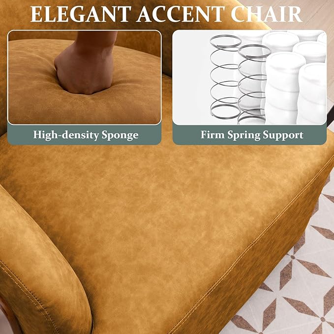 Swivel Accent Chair Faux Leather Swivel Barrel Chair Comfortable Mid Century Modern Chair Upholstered Metal Base Armchair for Living Room Bedroom Office Large Vintage Yellow