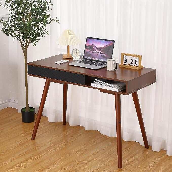 Small Office Desk, Mid Century Modern Writing Desk with Drawers, 42 Inch Wooden Computer Table for Study Room Bedroom (Walnut+Black)