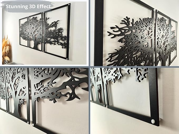 Vailla Tree of Life Wall Art 3pcs Family Tree Wall Decor 3D Wooden Wall Hanging Sculpture Modern Home Decoration 3 Panels Textured Sculptures for Living Room Bedroom Office Dinnig Room