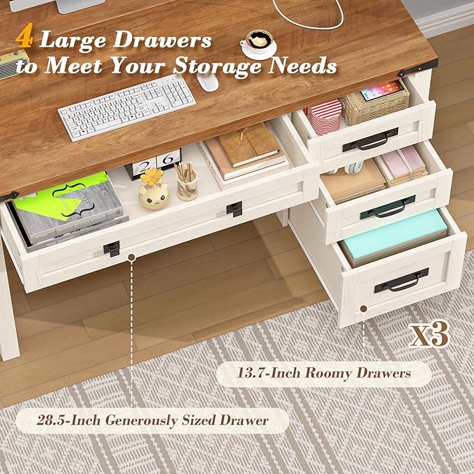 Farmhouse Executive Desk with Drawers, 47" Computer Desk with Power Outlets, Home Office Desk with Monitor Stand & 4 Drawers, Small Desk Writing Study Table, Antique White