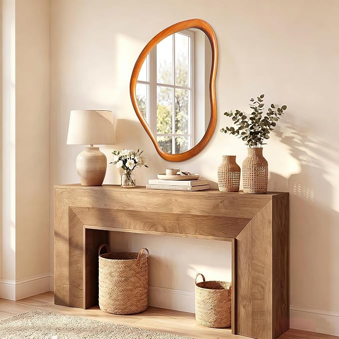 Irregular Wall Mirror with Wood Frame, 35" x 24" Orange Asymmetrical Mirror, Decorative Mirrors for Bedroom Living Room Entryway Hallway Cloakroom, Shatterproof, Horizontal/Vertical