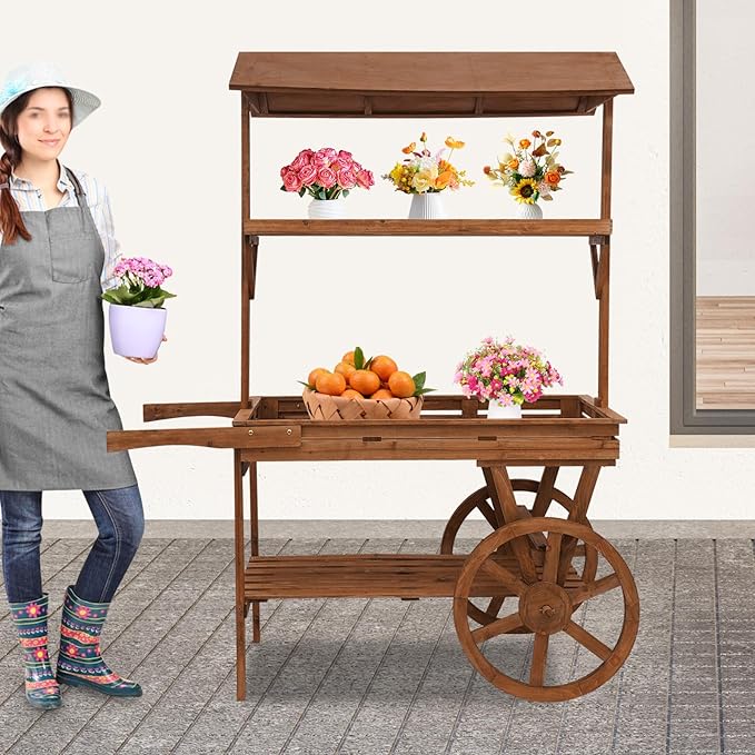 3-Tier Retro Flower Display Cart, Rolling Plant Stand Cart 55lbs Capacity, Wooden Tiered Shelf with Wheels for Indoor Plants, Flowers, Home Decor (Brown)