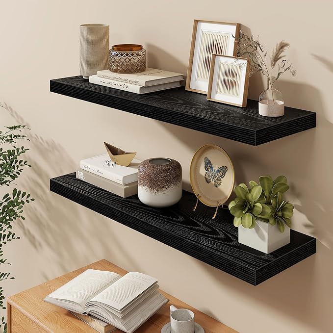 Fun Memories 40 Inch Floating Shelves in Black, 9.3 Inch Deep Floating Shelf for Bathroom Living Room Kitchen, Rusitc Wall Mounted Bathroom Shelves 2 Pack, Heavy-Duty Deep Shelf for Books Decor