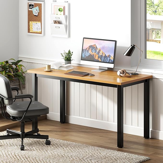 Need Computer Desk, 47 inch Home Office Desk, Modern Simple Style Home Office Gaming Desk, Basic Writing Table for Study Student, Black Metal Frame, Teak Tabletop