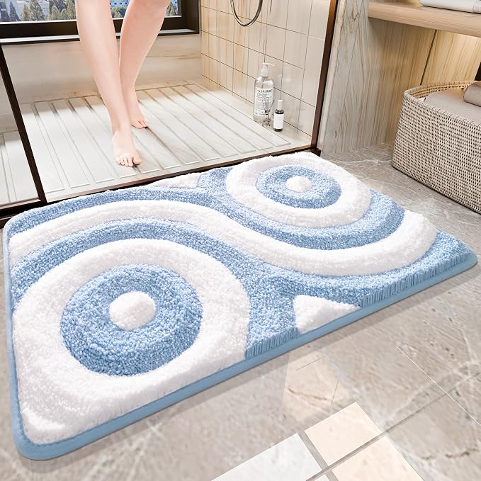 QJHOMO Blue and White Cute Bathroom Rugs Non Slip Bath Mat Modern Aesthetic Bathroom Decor, Geometric Striped Bath Rug Soft Fluffy Floor Mats, Thick Microfiber Carpet Machine Washable (18x26 inch)