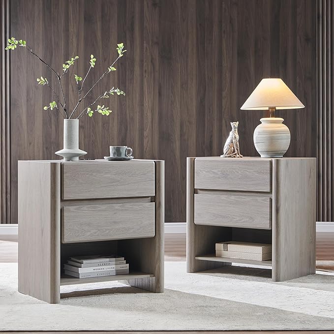 25" Tall Modern Nightstand Set of 2, 23.6" W Nightstand with Charging Station & 2 Storage Drawers & Open Shelf, Wood Night Stand w/Rounded Corner Design for Bedroom, Living Room (Light Grey)