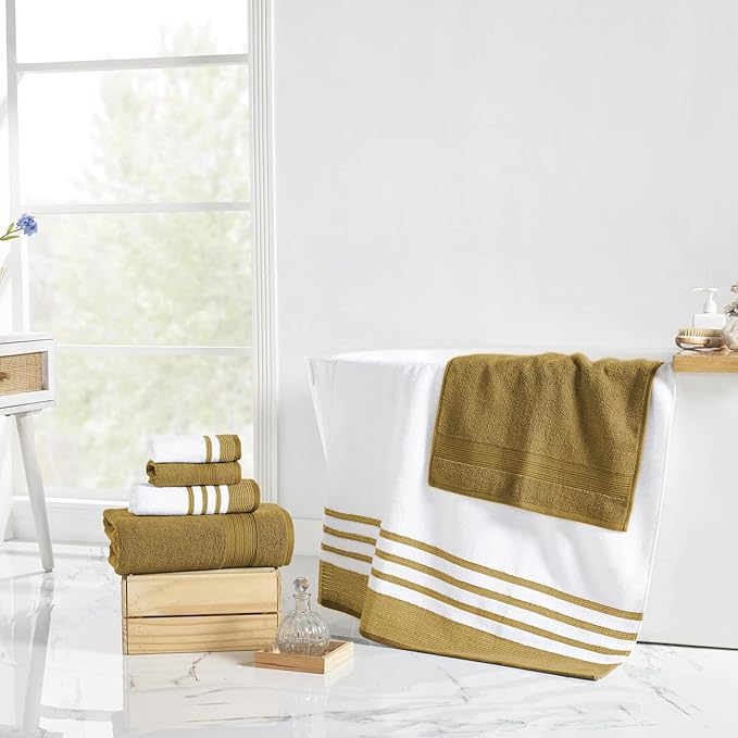 Modern Threads 6-Piece Towel Set – 100% Cotton, Quick Dry, Ultra Absorbent – Includes 2 Bath, 2 Hand, 2 Washcloths (White/Reinhart Amber)