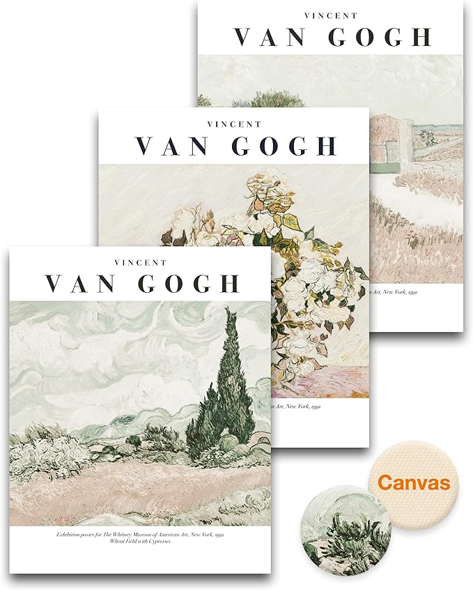 HesenDot Unframed Vintage Van Gogh Exhibition Posters Set of 3, French Country Landscape Floral Wall Art, Minimalist Chic Canvas Prints, Farmhouse Home Decor for Bedroom Living Room Study Office, Unframed