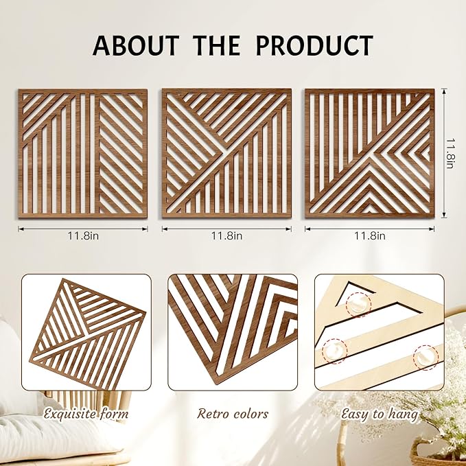 Bnesi 3 Piece Abstract Geometric Wood Wall Art Decor Modern Boho Minimalist Slatted Design Wall Sculpture Art Decor for Living Room Bedroom Home Bathroom (Classic, Medium)