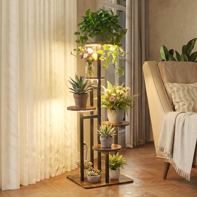 5 Tier Plant Stand Indoor with Grow Light for Multiple Plants | Corner Flower Stand, Vintage Multi-Layer Design, Sturdy Plant Shelf, Space-Saving, Ideal for Living Room Indoor Plant Display