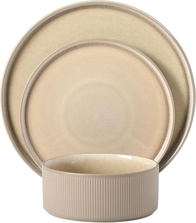 Gibson Elite Redrock Canyon 12-Piece New Bone China Dinnerware Set Service for 4, Reactive Glaze Plates and Bowls, Dishwasher and Microwave Safe, Taupe