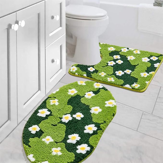 Cute Floral Bathroom Rugs Set 2 Piece, Non Slip Microfiber Green Grass Flowers Bath Mat 20x32 + Contour Toilet Rug 20x24 Machine Washable Great Absorbent, Boho Aesthetic Bath Mat Set for Bathroom