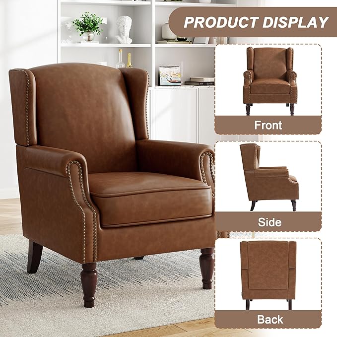 Pia Ricco Set of 2 Faux Leather Accent Chairs, High Back Wingback Armchairs with Retro Floral Design, Nailhead Trim & Solid Wood Legs for Living Room Bedroom Home Office (Brown)