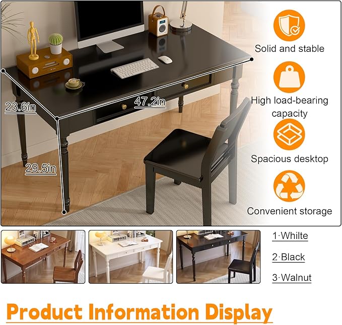 Solid Wood French Country Desk,Writing Desk with Storage Drawers,Farmhouse Computer Table Makeup Table Modern Simple Style,for Home Office Living Room Study Workspace Bedroom (Black, 47.2IN)