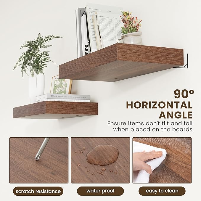 12 Inch Deep Floating Shelves | 24 Inch Walnut Floating Shelves | 24" W x 12" D Rustic Wood Shelves for Wall | Deep Shelves for Living Room Bathroom Laundry Room Kitchen