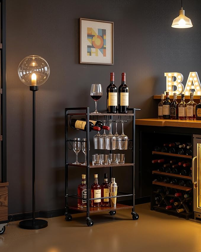 VEVOR Bar Cart, 3 Tiers Home Kitchen Serving Carts, Industrial Rolling Utility Station on Wheel, Mobile Drink Beverage Shelf with Wine Rack & Glass Holder, 20.08x11.02x33.07 in, Rustic Brown and Black