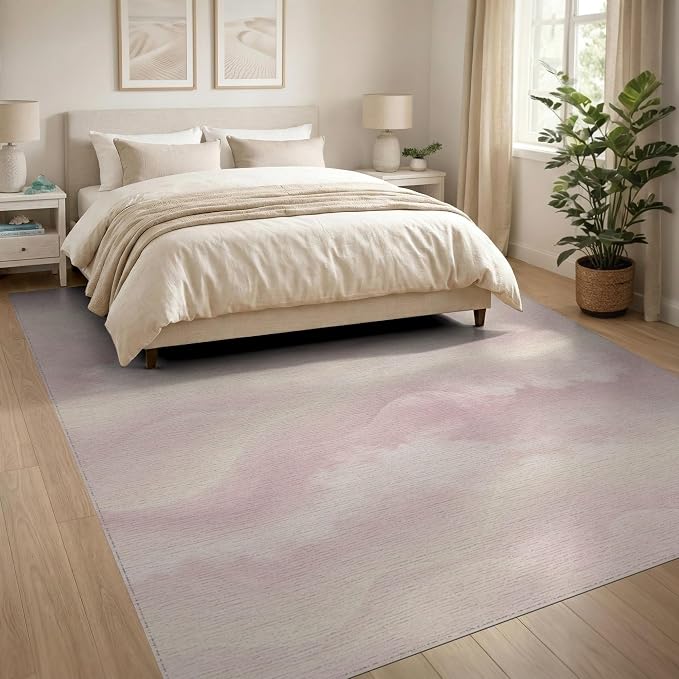 8'x10' Washable Ombre Wave Large Rug, White Non-Shedding Pet Friendly Carpet for King Size Bedroom, Master Suite, Under Bed, Foldable Easy Care Mat | Ref:2208257