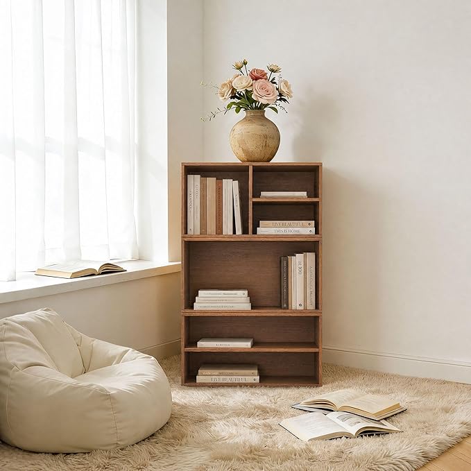 3 Cube Organizer Bookcase, Expandable Storage Shelves, Wooden Open Shelving Unit Book Shelf for Living Room, Office, Bedroom, Mid-Century Style Wood Furniture, Walnut Oak (1 Set)