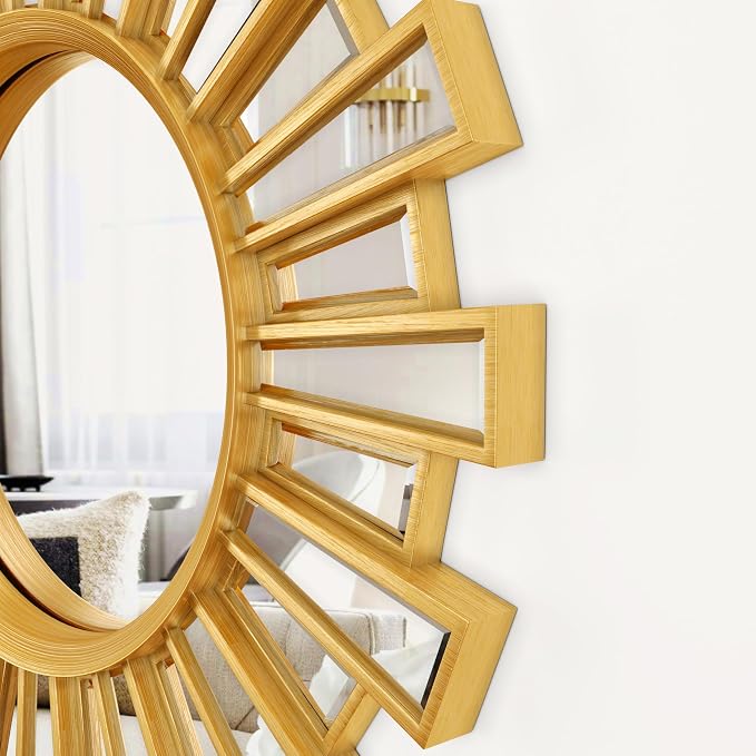 Gold Sunburst Mirrors for Wall Decor,24" Large Sun Mirror,Starburst Mirror for Living Room, Fireplace,Bedroom, Entryway