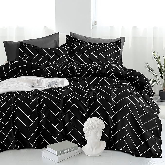 NTBAY Microfiber Queen Duvet Cover Set, 3 Pieces Ultra Soft Brick Printed Comforter Cover Set with Zipper Closure and Corner Ties, Black