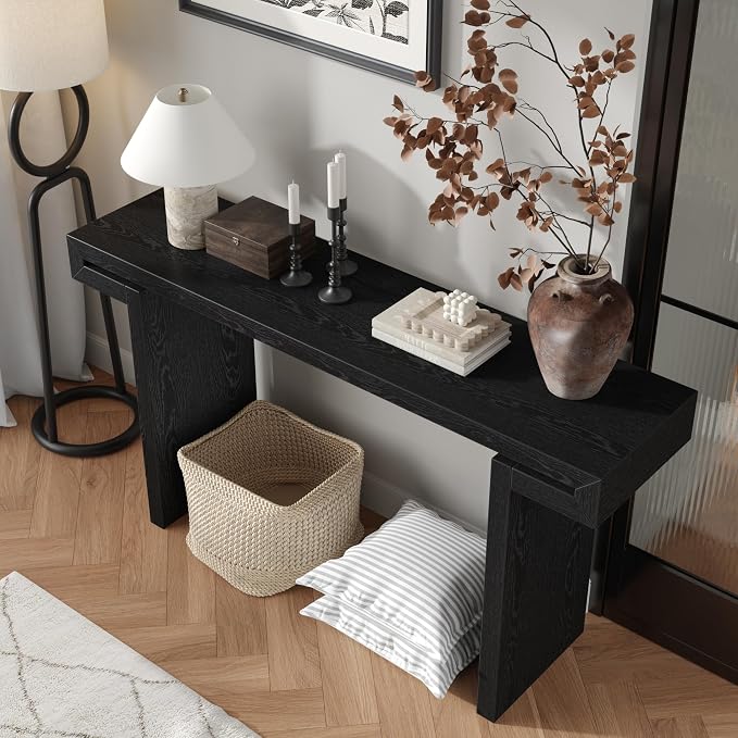Wood Console Table, 60" Retro Long Sofa Table Behind Couch with Real Wood Veneered, Farmhouse Wooden Narrow Sofa Table Hall Table for Living Room Foyer Entrance Entryway, Black