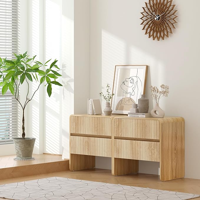BERRYMERRY Flute 2 Drawer Dresser,Mid Century Modern Small Nightstand with 2 Drawer for Bedroom, Wood Side Table with Curved Profile for Living Room,Hallway,Enterrway