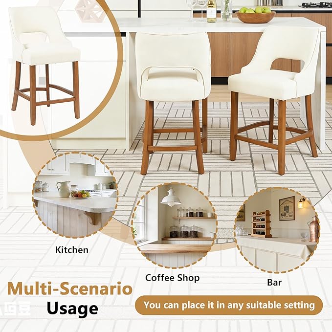 ClinQ Bar Stools Set of 6, 26" H Counter Height Bar Stools with Backs, Modern Upholstered Accent Barstools with Curved Footrest for Kitchen Island, Dining Room and Bar, Beige-Walnut Legs