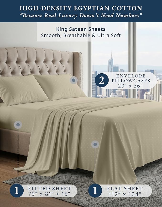 100% Egyptian Cotton Sheets King Size– Silky Sateen Weave for All Season Comfort, 15" Deep Pocket King Sheet Set, Oeko-TEX Certified, Fade Resistant, Durable Hotel Comfort at Home -Swiss Dot Linen