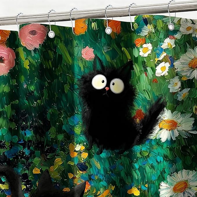 Funny Cats Shower Curtain Boho Vintage Flowers Shower Curtains for Bathroom Waterproof Fabric Bath Curtain Decor with Hooks
