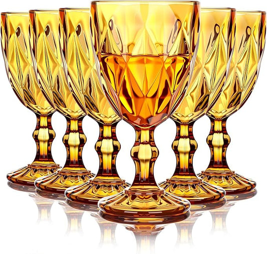 Yinder Glass Goblet Vintage Wine Goblet Embossed Glassware 10 oz Solid Color Glass Stemmed Cups for Iced Tea Beverage Soda Juice Water Liquor and Party Wedding Bars Restaurants(Amber,6 Pack)