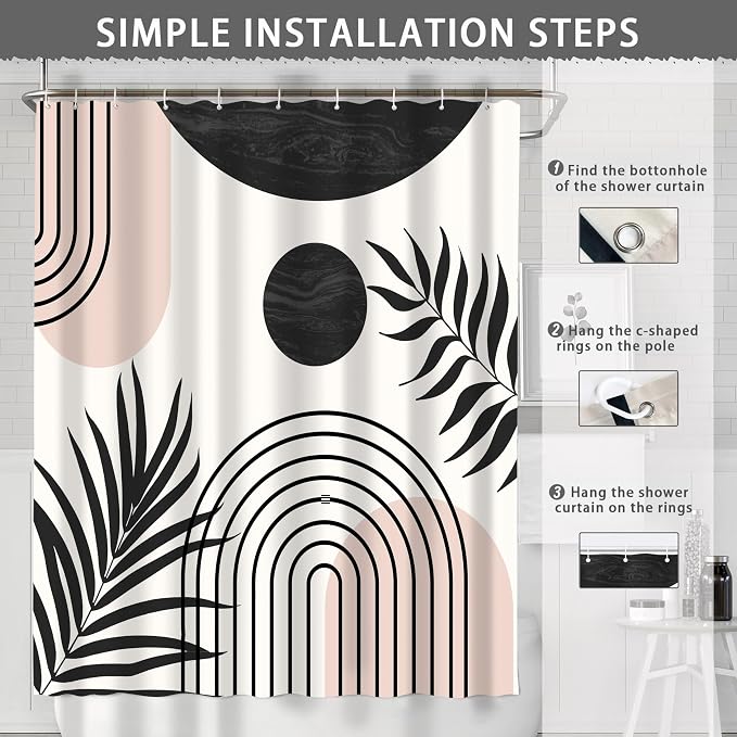 Mid Century Abstract Boho Aesthetic Shower Curtain Set, Green Nature Leaf Sun Modern Minimalist Home Bathroom Curtain Decor with 12 Hooks 72 Inch Wide * 72 Inch High