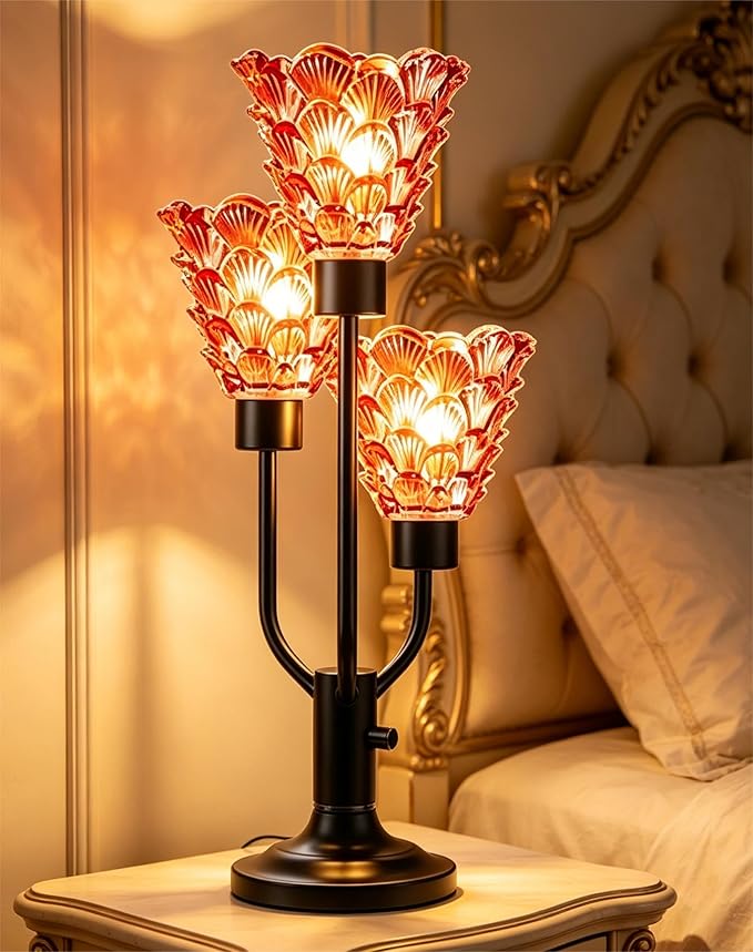 Lightdot Vintage Mid Century Modern Table Lamp for Living Room Dimmable Nightstand Lamp Red Glass Black Desk Lamp 3 Bulbs Included Warmwhite Ambient Bedside Lamps for Bedroom Home Office Decor Gift