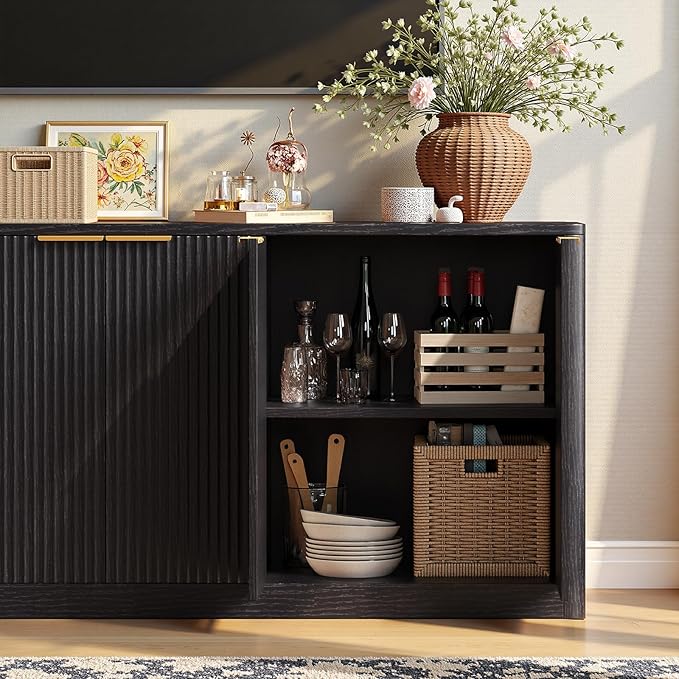 Evermagin 67" Fluted Black Buffet Cabinet Sideboard with Storage, Large Credenza with 6 Doors, Wood Mid Century Modern Sideboard for Kitchen and Living Room (67"*31.5"*15.7")