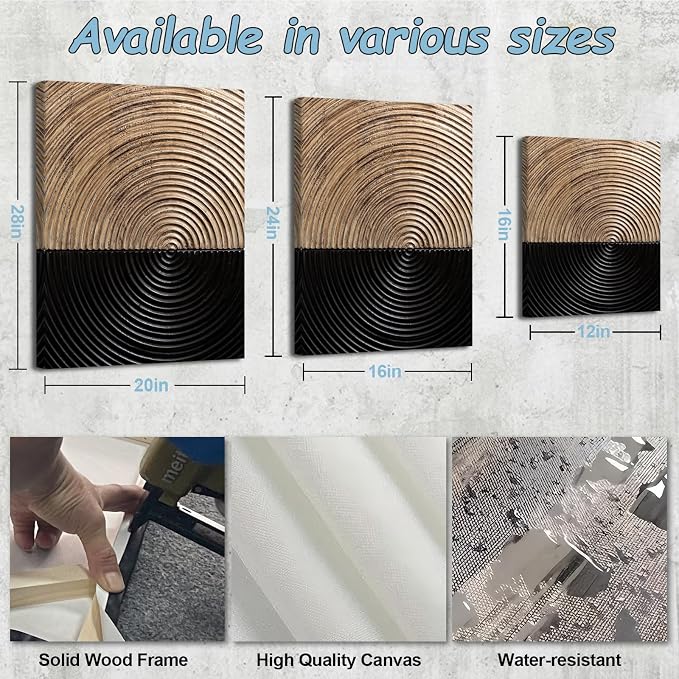 Pennimor 3Pcs Framed Retro Wood Grain Abstract Wall Art, Simple Geometric Line Wood Wall Decor, Black and Brown Modern Minimalist Artwork Printing for Bathroom Bedroom Living Room Home Office 20x28in