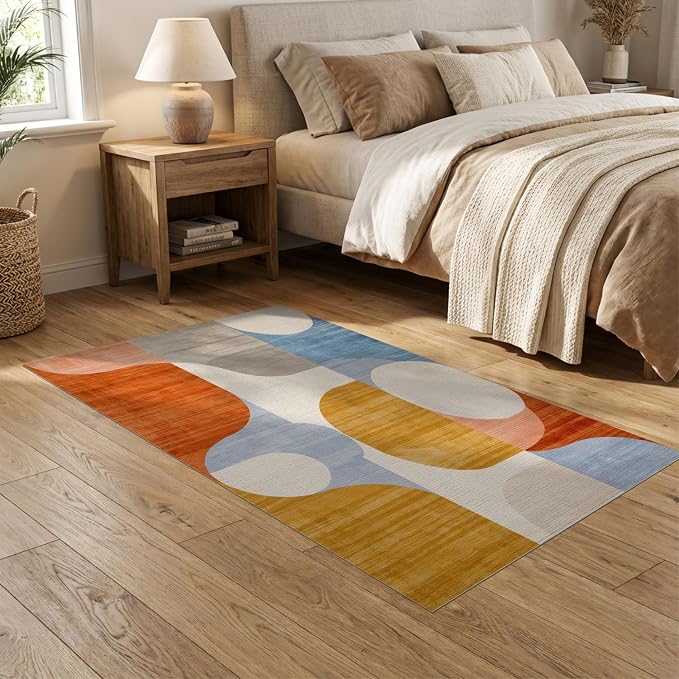 Flatwoven High Traffic Area Rug 5x7, Mid Century Modern Abstract with Fluid Lines and Symmetrical Ovals, Non Slip, Stain Resistant, Washable Area Rugs for Living Room, Bedroom (Orange, 5x7)
