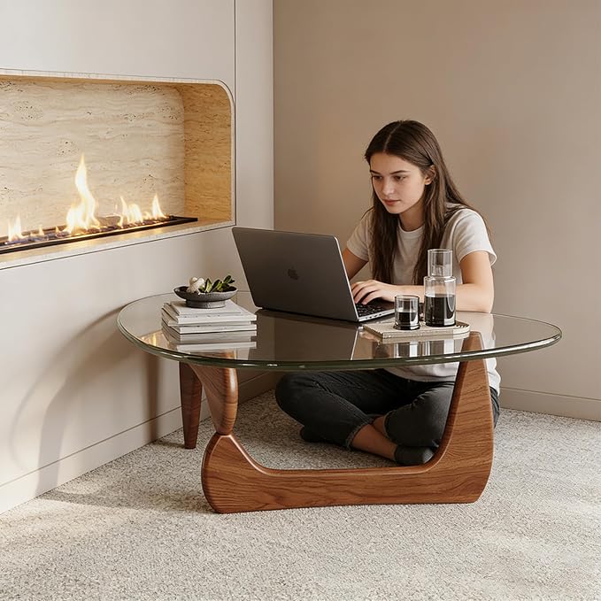 Glass Coffee Table, 44.9″D×32.3″W×15.8″H Triangle Center Tables with Tempered Glass Top & Eco-Friendly Wood Base, Mid Century Modern Coffee Table for Living Room, Apartment