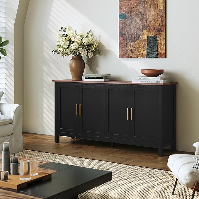 ARTPOWER Large Sideboard Buffet Cabinet with Storage, 60" Accent Cabinet Modern Buffet Table with Adjustable Shelf, Credenza Black Storage Cabinet for Dining Room, Living Room, Kitchen, Entryway