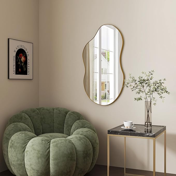 SHYFOY Irregular Wall Mirror Decorative, 20"x32" Antique-Gold Mirror for Wall Decor Wavy Accent Mirrors Asymmetrical for Living Room Bathroom Bedroom Entryway, Abstract Irregular Shape Curvy Mirror