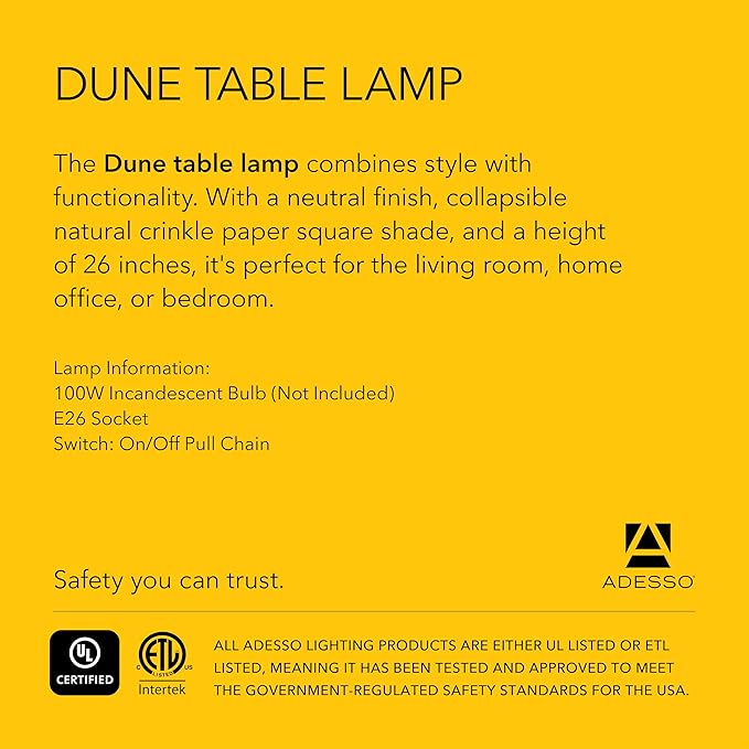Adesso 8021-12 Dune Table Lamp, 25 in., 100 W Incandescent/ 26W CFL, Natural Rubber Wood/Steel Accents, 1 Table Lamp , White