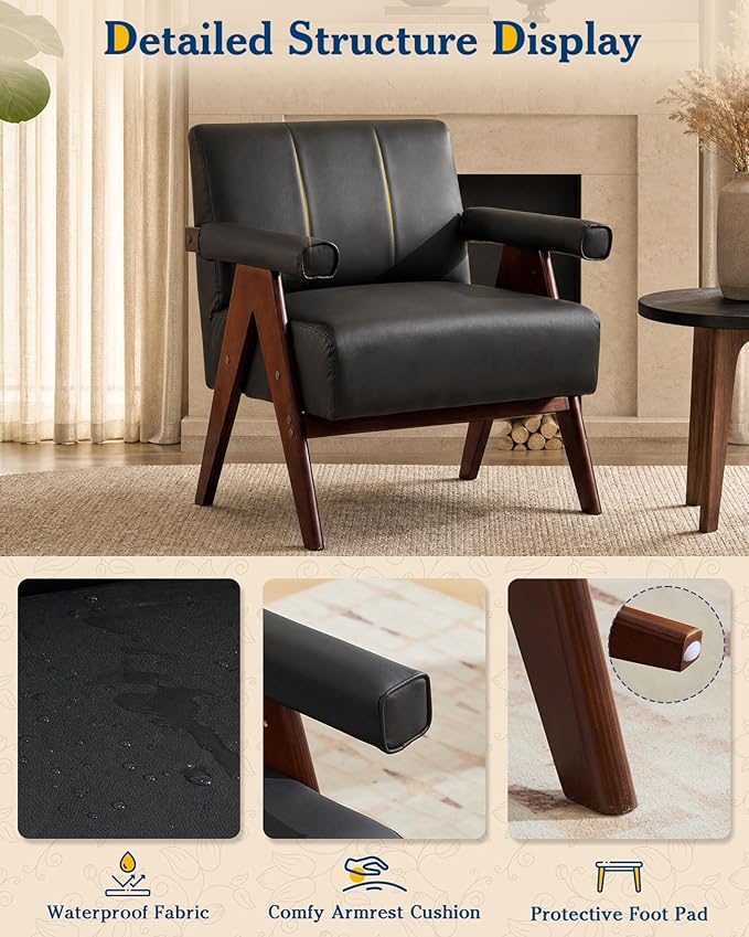 AODAILIHB Mid Century Modern Accent Chairs Set of 2, Solid Wood Frame Black Leather Armchairs, Modern Reading & Living Room Chairs for Office Guest & Waiting Room